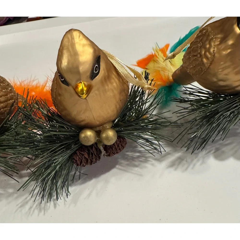 Vintage Style Gold Bird Christmas Ornaments Set of 3 Feather Tails Pine Accents